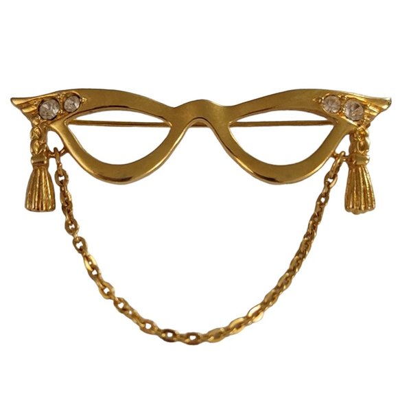 Avon Gold Tone Cat Eye Glasses Clear Rhinestones Lenses Brooch Pin, Signed K947 - Picture 2 of 7